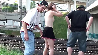 Super-cute teen Alexis Crystal AKA Anouk PUBLIC gangbang by a railways